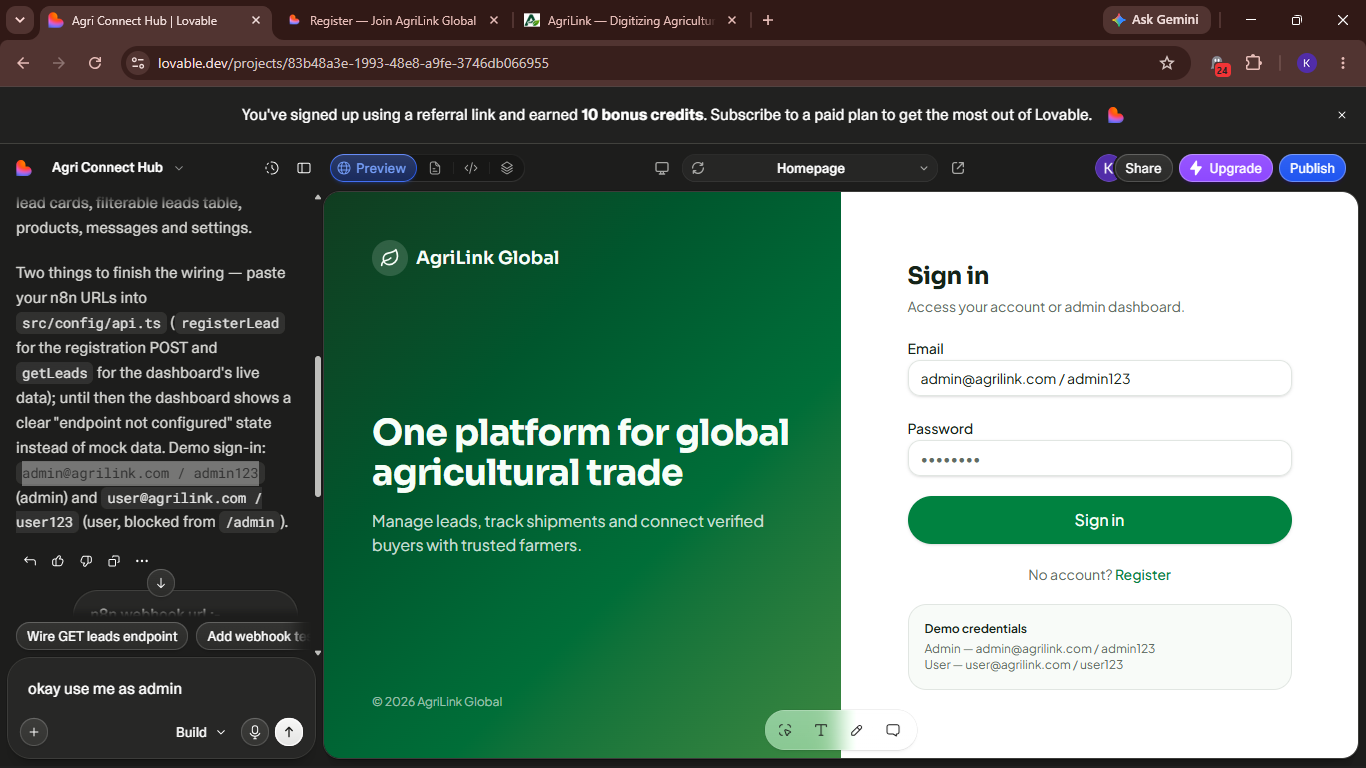 AgriLink Global farm trade platform with sign-in screen