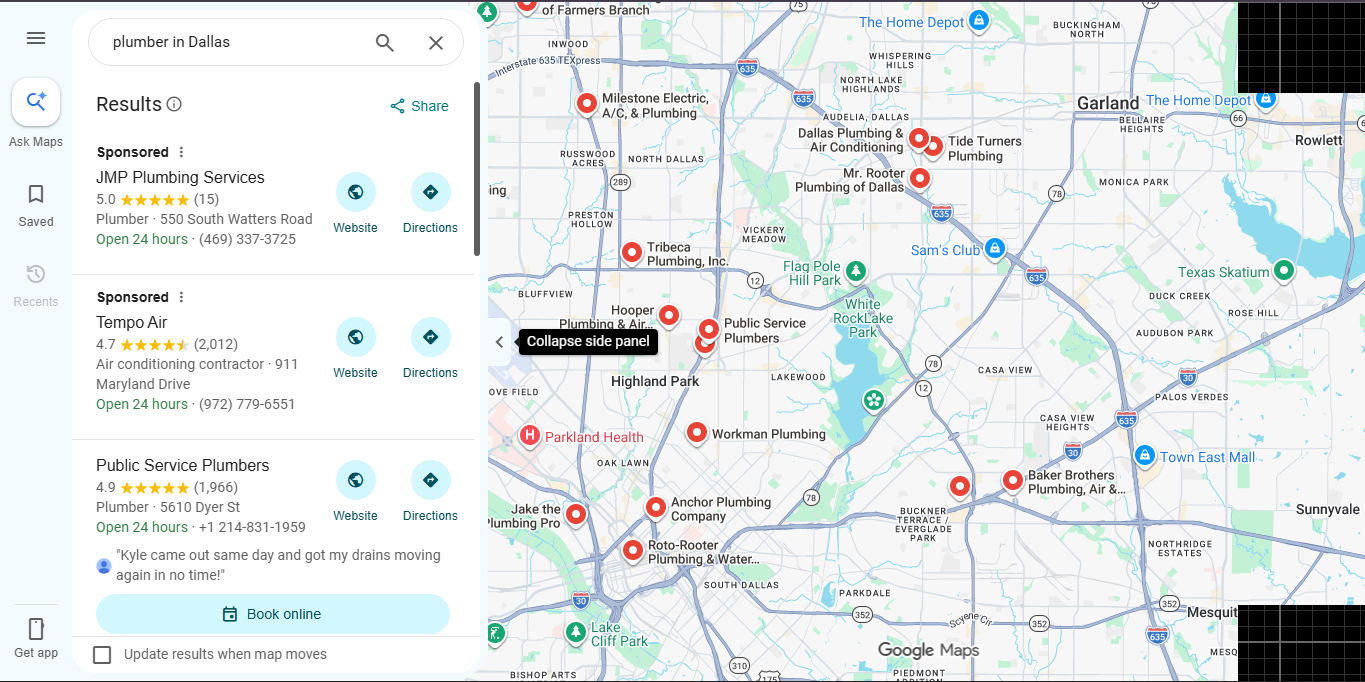 Google Maps local SEO ranking for plumber in Dallas
